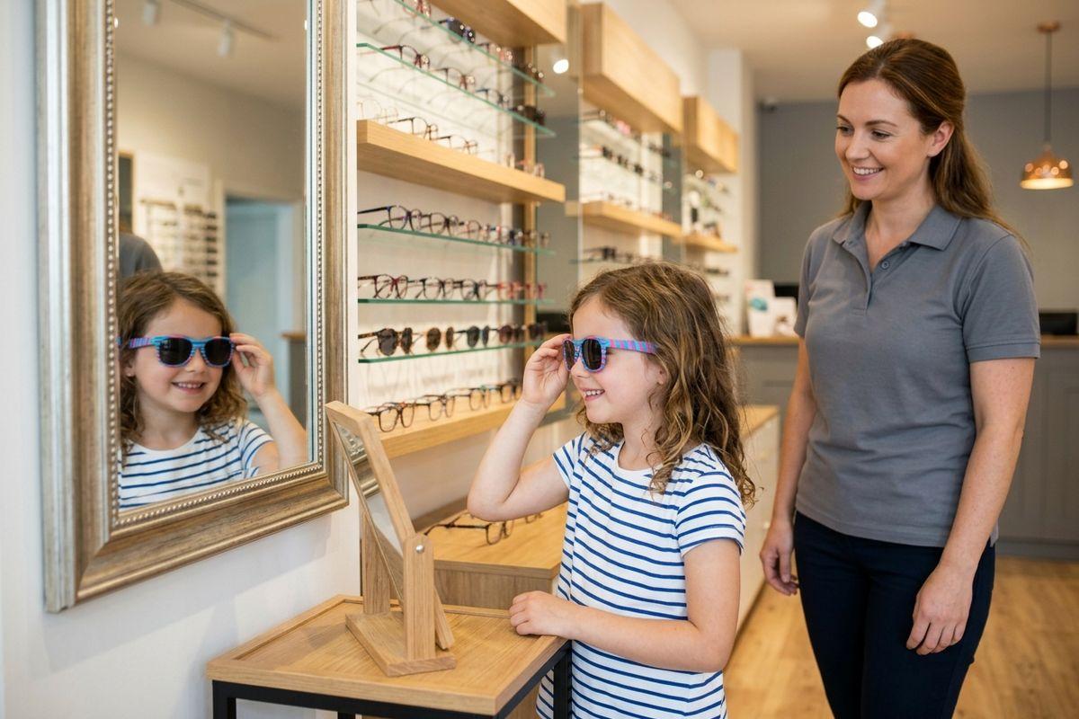 A child trying on sunglasses and smiling at a mirror in an optical shop, while an adult looks on smiling beside them.