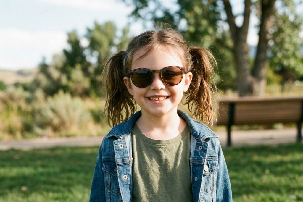 A child wearing sunglasses and smiling while outside