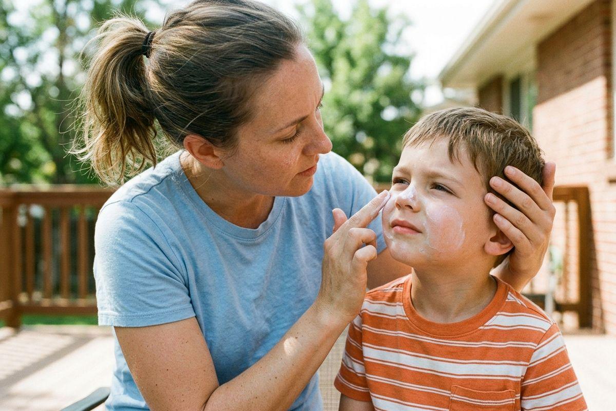 Adult applying sunscreen to a young child's face outdoors.