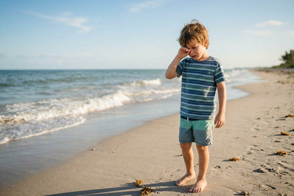 Child standing barefoot on a sandy beach, rubbing 1 eye with a hand.