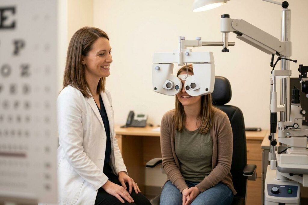 a patient undergoing a prescription eye test during a routine eye exam.