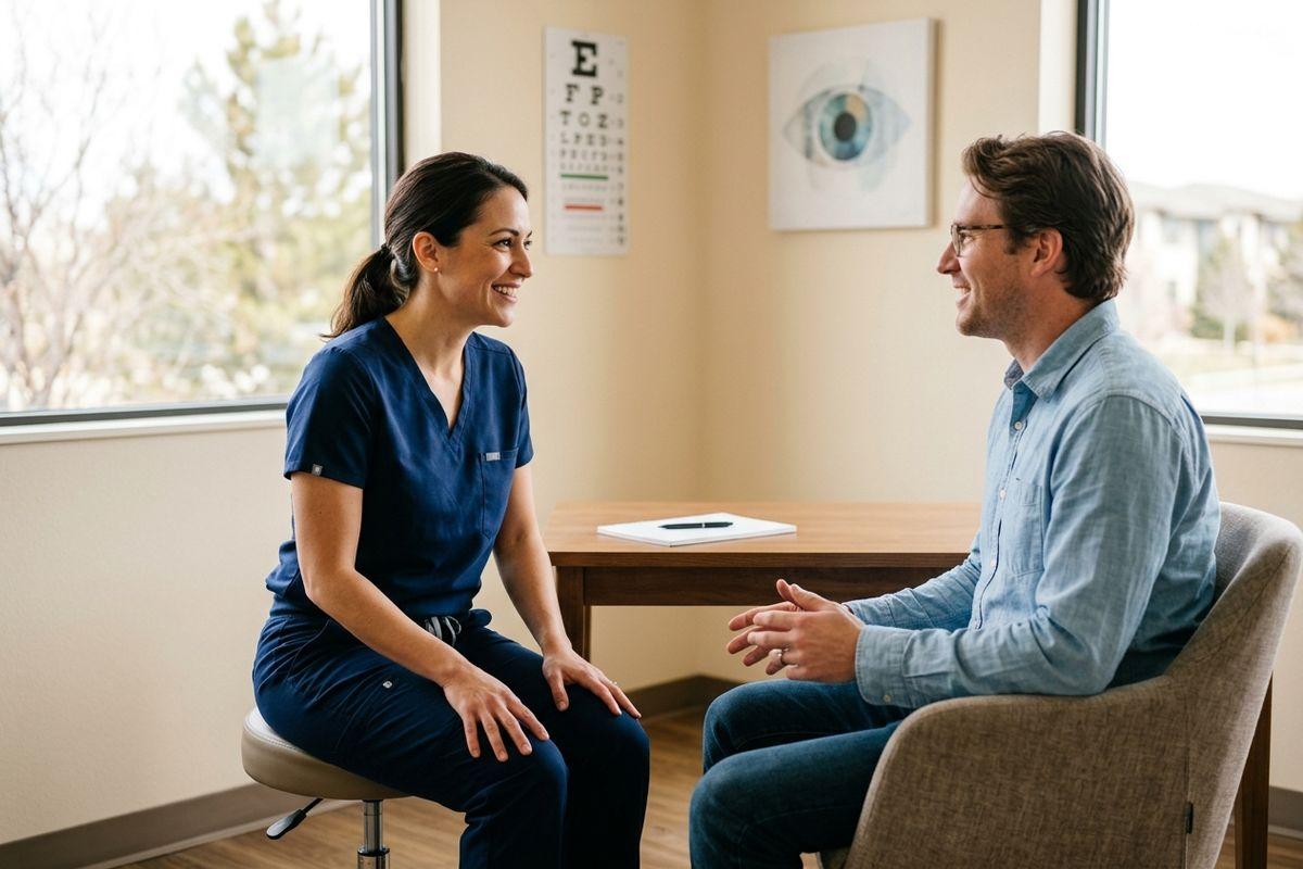 An optometrist smiling while consulting with a patient seated across from them in an eye exam room with an eye chart on the wall.