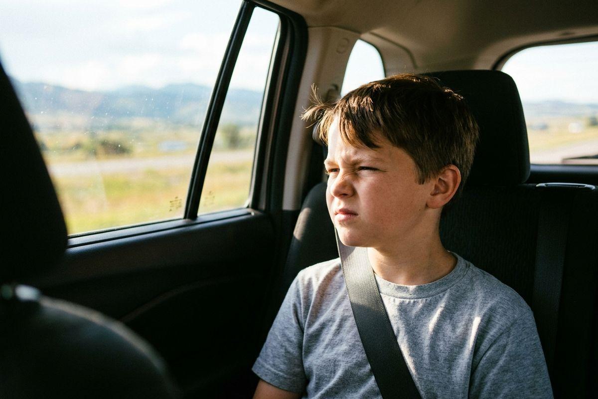 Child in a car back seat wearing a seat belt, squinting while looking out the window at sunlit hills and fields.