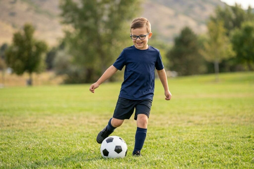 Child in glasses and navy soccer uniform smiling while kicking a soccer ball on a grass field, with trees and hills behind.