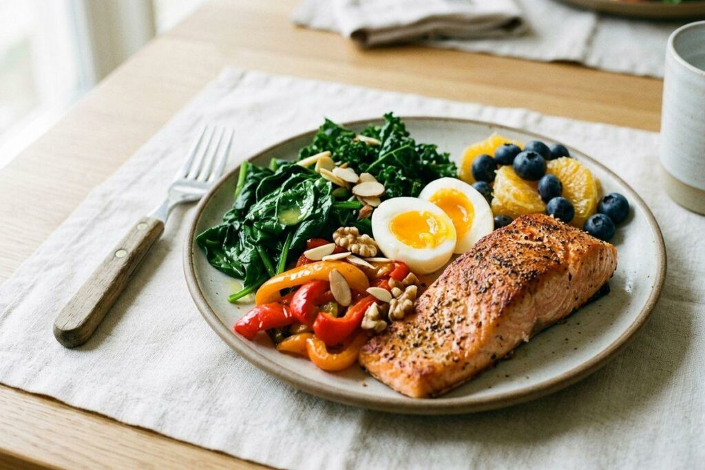 A plate of foods key for eye health, including salmon, eggs, spinach, peppers, nuts, blueberries and orange slices.