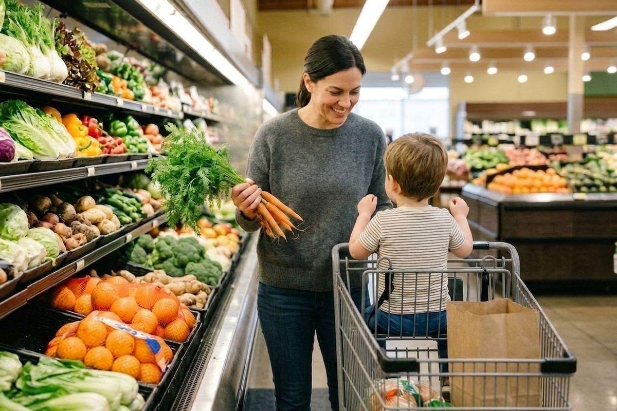 Adult holding a bunch of carrots, smiling at a toddler seated in a shopping cart in a grocery store produce aisle.